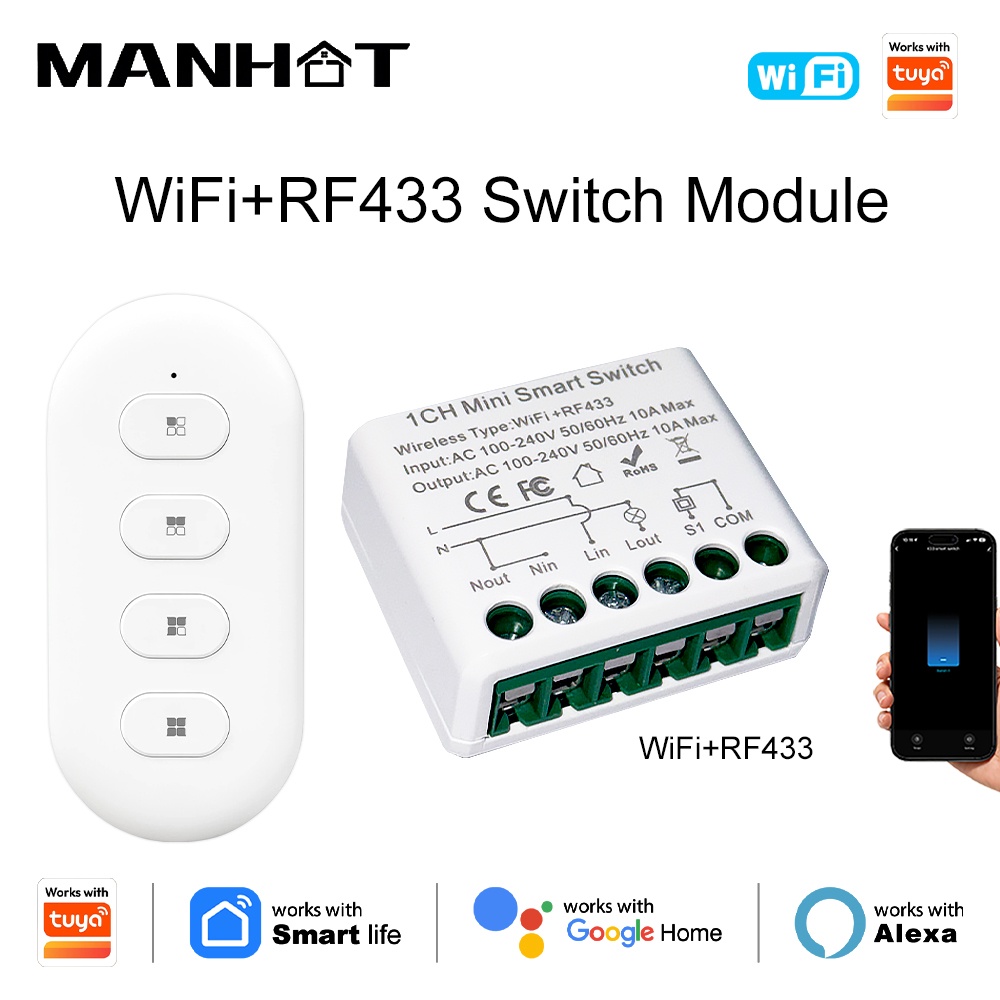 Tuya WIFI 10Aスマートライトスイッチ RF433 - Diy Automation のレビューと価格